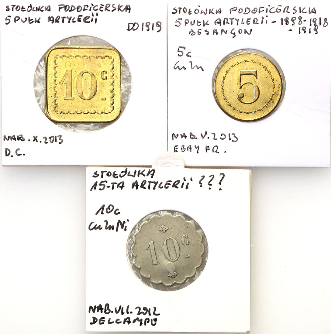 Francja. 5, 10, 15 centów Kantyny Oficerskie 5 i 15 Pułk Artylerii, zestaw 3 monet